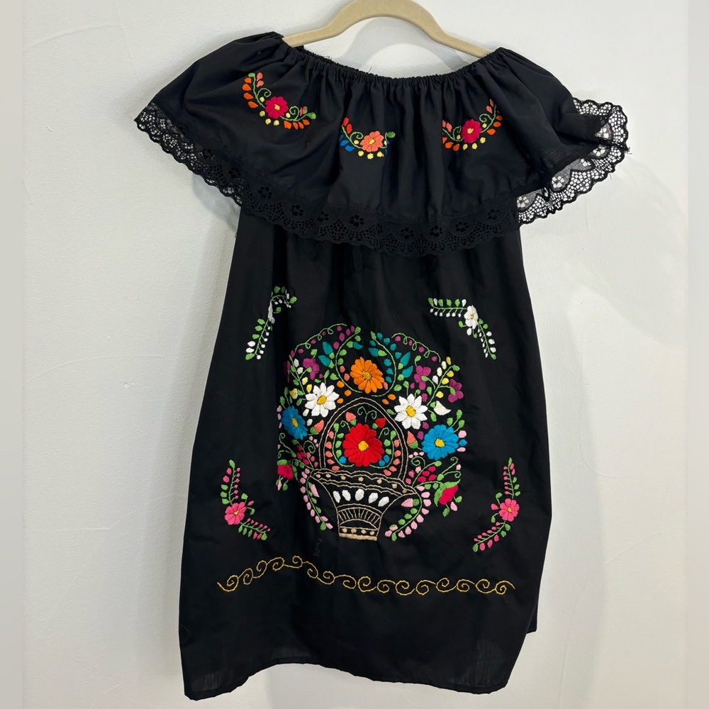 Black Embroidered Mexican Peasant Dress, Size M